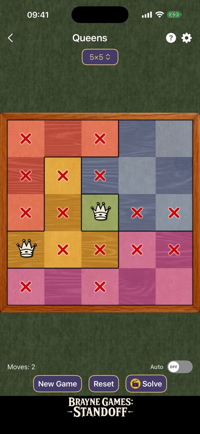 Queens gameplay: one queen per color region